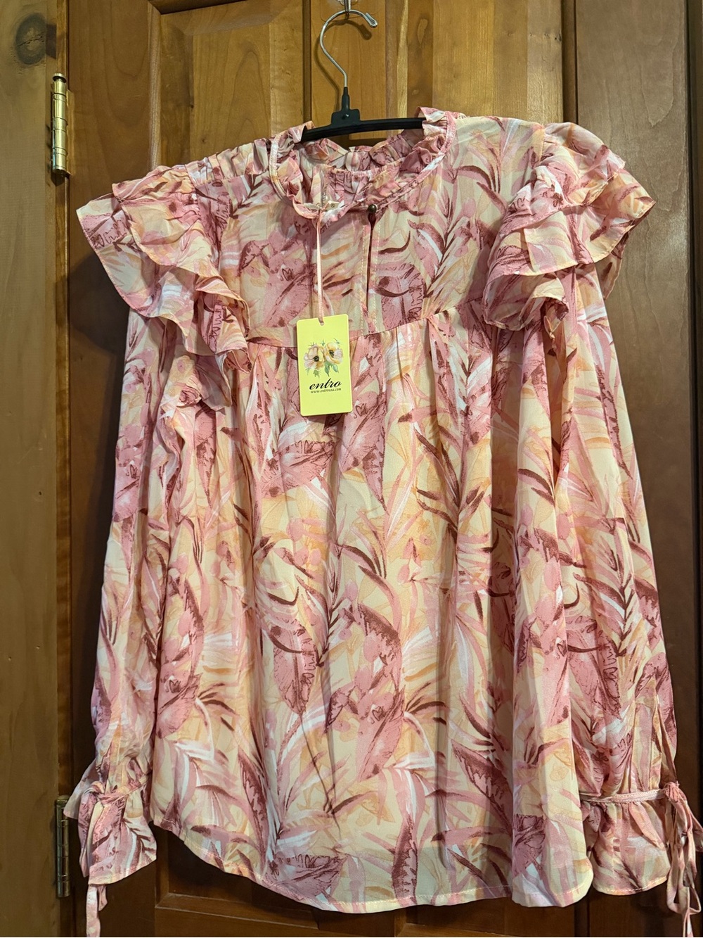 Entro Women’s Pink Long Sleeve Blouse Lined with Ruffled sleeves